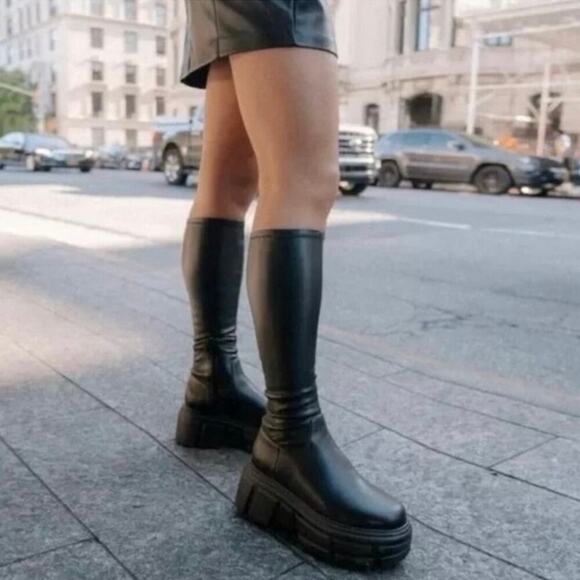 Steve Madden Tero Lug Sole Knee High Platform Boots Black PU Women’s 8M Chunky - Picture 1 of 9